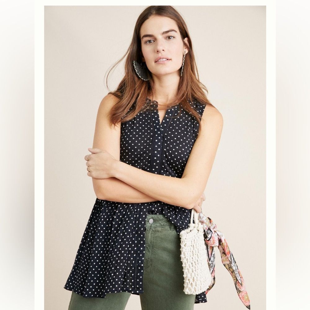 Anthropologie S Blue White Polka Dot Tunic Top Sleeveless Stretch